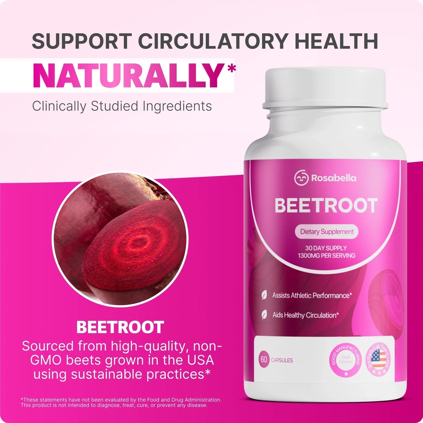 Organic Beet Root Capsules - 1300mg Beet Root Powder Aids Healthy Circulation & Vitality, Non-GMO, Beet Root Supplement - 60 Capsules, 30-Day Supply