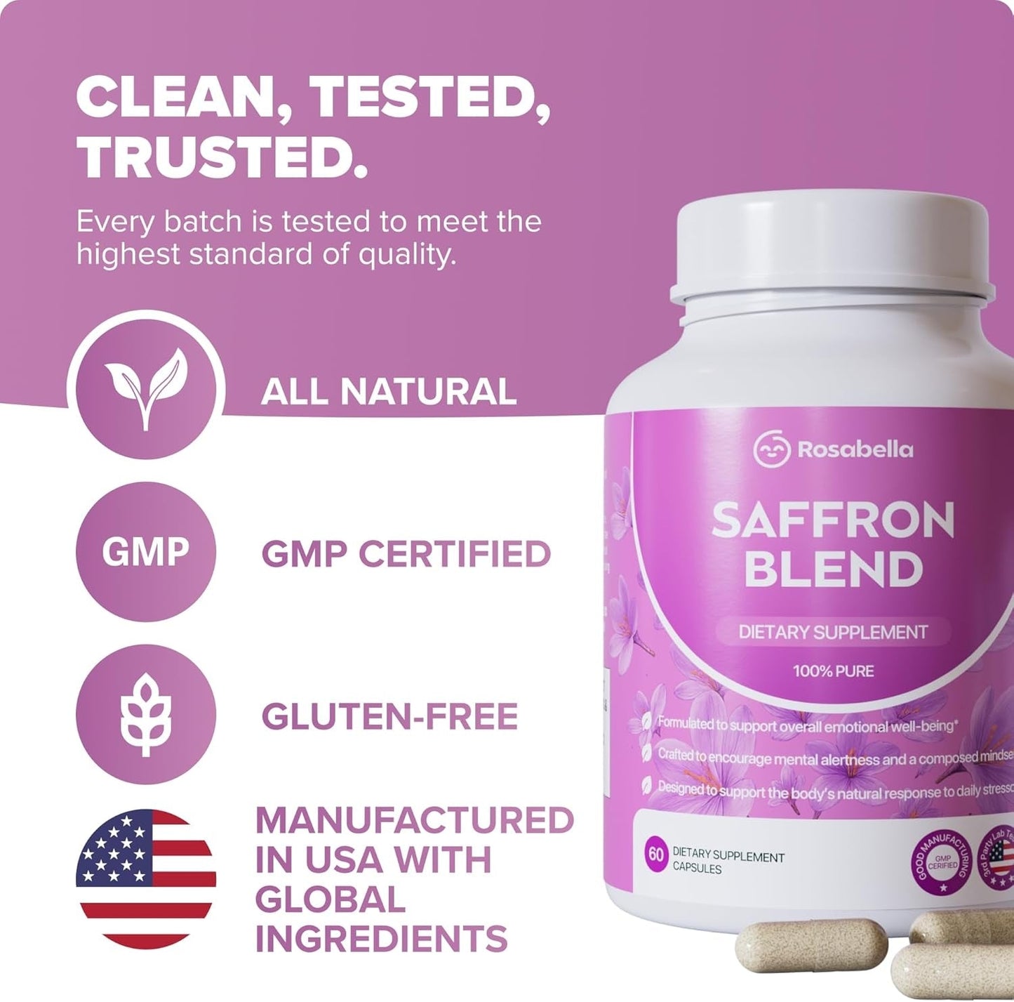 Saffron Blend Supplement for Men & Women – Saffron, B6, Magnesium & Herbal Extract Capsules – Supports Mood, Focus & Clarity – Non-GMO, Gluten-Free – 60 Capsules – 30-Day Supply